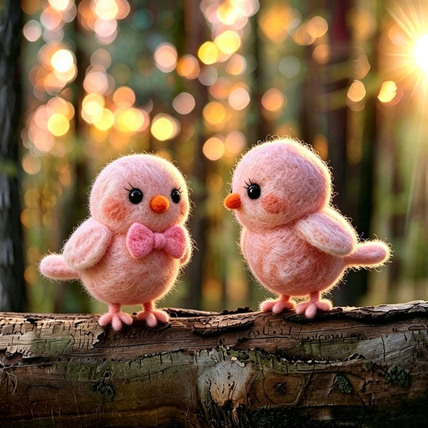 Handmade Wool Felt Pink Bird Couple Figurine – Romantic Spring Decor Gift