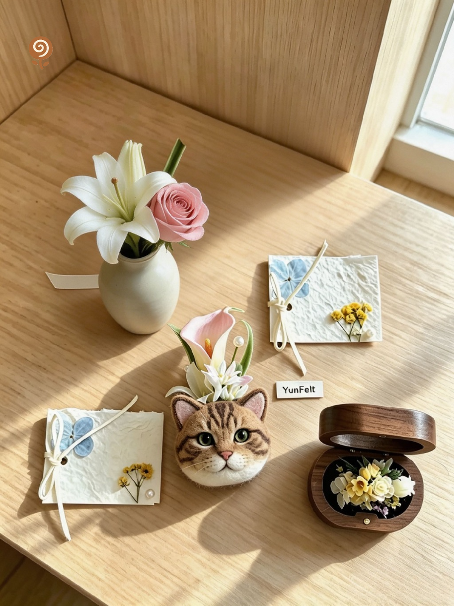 Custom Pet Portrait Floral Keepsake – Handmade Wool Felt Brooch or Wrist Corsage