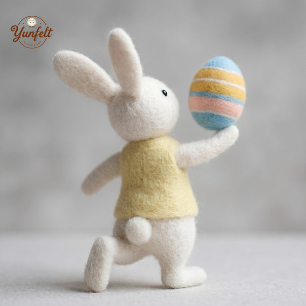 Running Easter Bunny with Green Vest & Striped Egg – Wool Felt Spring Figurine