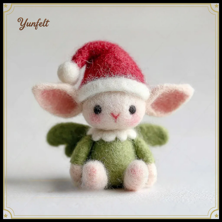 Forest Pixie with Red Hat & Green Wings – Wool Felt Whimsical Art