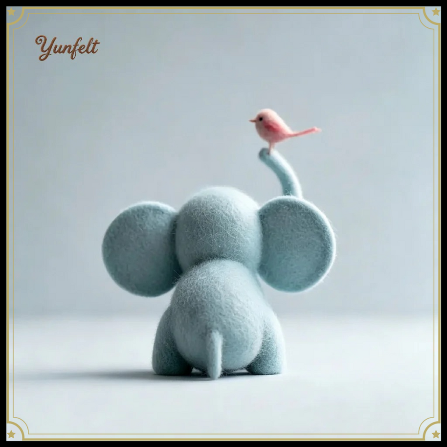 Friendship Blue Elephant with Pink Bird – Wool Felt Heartwarming Figurine