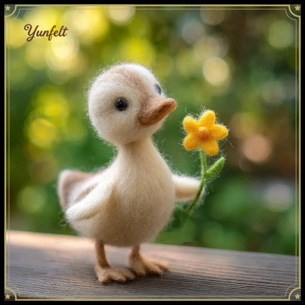 Sunny Messenger Duckling with Yellow Flower – Wool Felt Spring Figurine