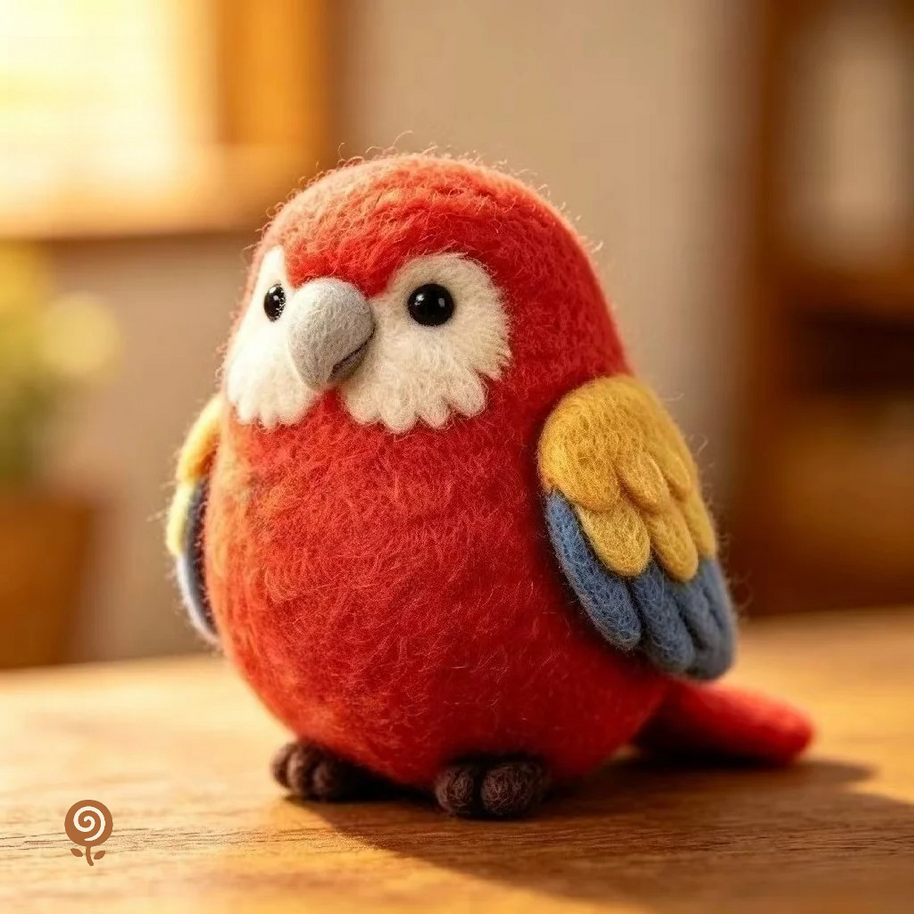 The Quiet Scarlet Parrot – Handmade Wool Felt Figurine