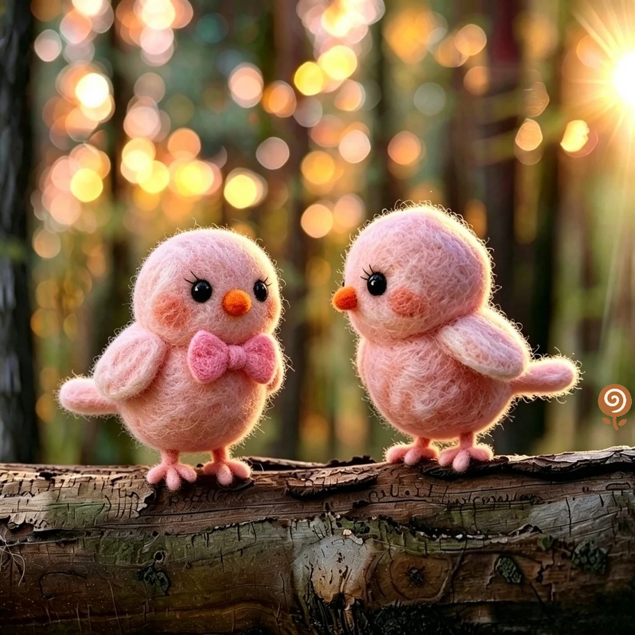 The Sweetheart Pink Bird Pair – Handmade Wool Felt Figurine Set