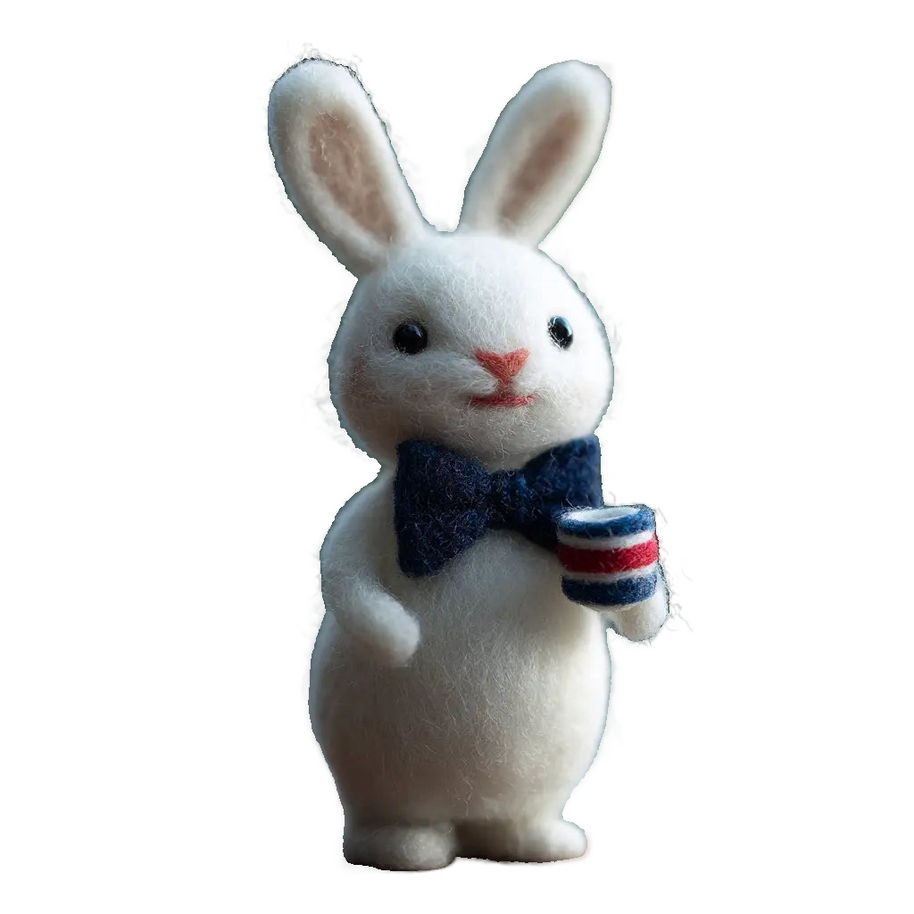 Gentleman Bunny with Mug – Wool Felt Cozy Desk Companion