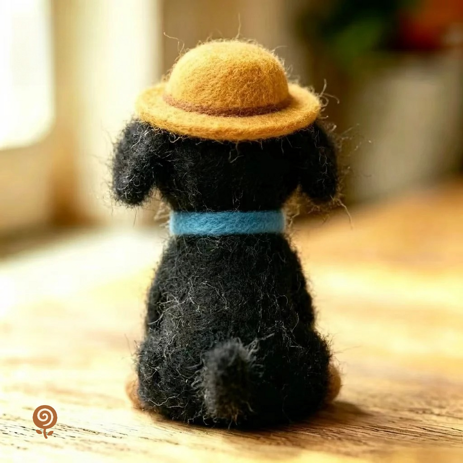 The Dapper Straw-Hat Puppy – Handmade Wool Felt Dog Figurine