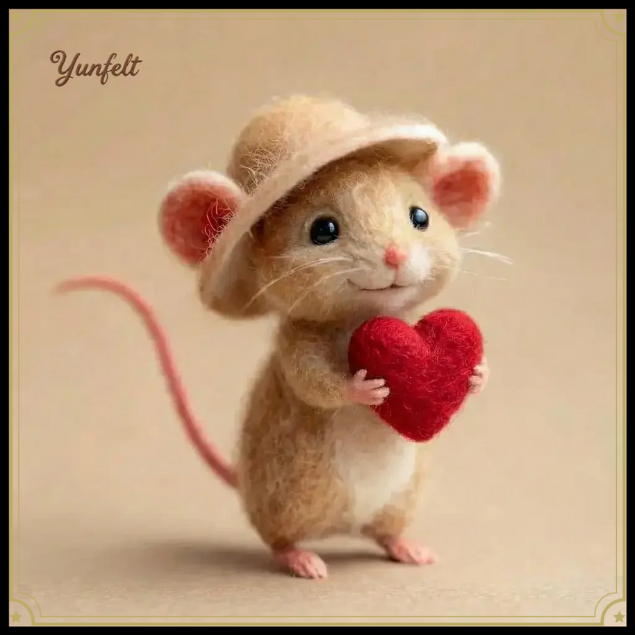 Mouse with Strawberry & Straw Hat – Wool Felt Summer Figurine