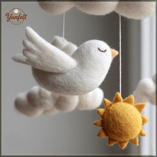 Cloud Bird & Sun Nursery Mobile – Wool Felt Dreamy Hanging Decor