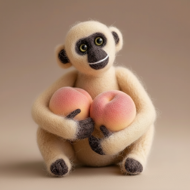 Monkey Hugging Peaches – Wool Felt Harvest Guardian Figurine