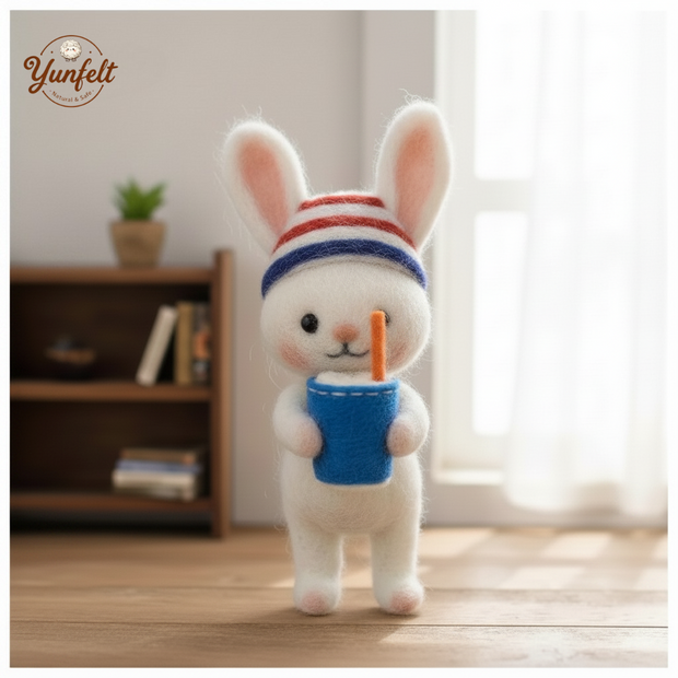 Rabbit with Striped Hat and Red Mug – Cozy Wool Felt Desk Friend