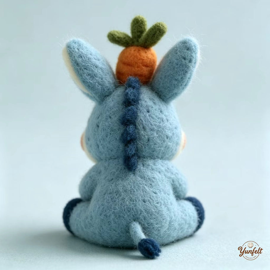 Handmade Wool Felt Carrot-Topped Blue Donkey Figurine – Whimsical Desk Decor Gift