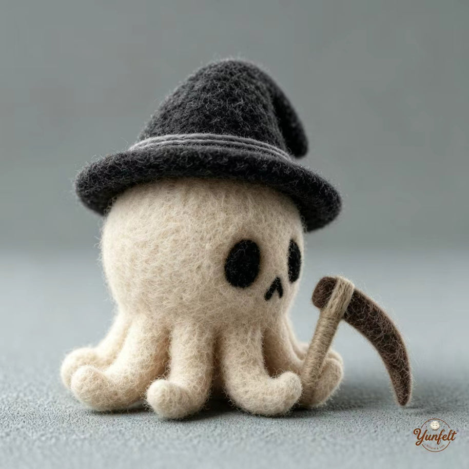 Handmade Wool Felt Spooky Ghost & Reaper Figurine – Halloween Desk Decor Gift