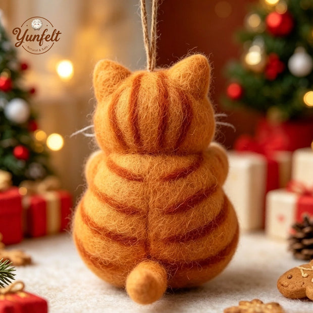 Orange Tabby Cat with Blue Fish – Wool Felt Hanging Ornament
