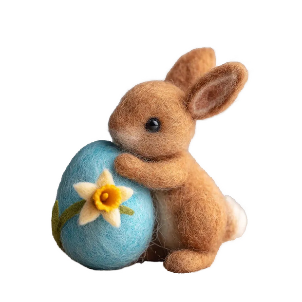 Honey Brown Bunny with Daffodil Egg – Wool Felt Easter Figurine