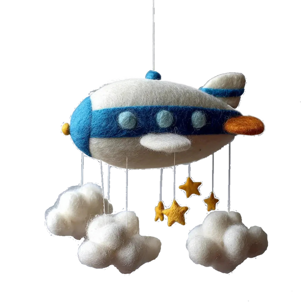 Vintage Airship Nursery Mobile – Wool Felt Cloud Navigator Hanging Decor