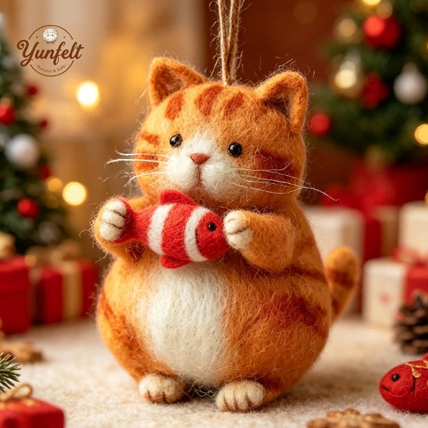 Orange Tabby Cat with Blue Fish – Wool Felt Hanging Ornament