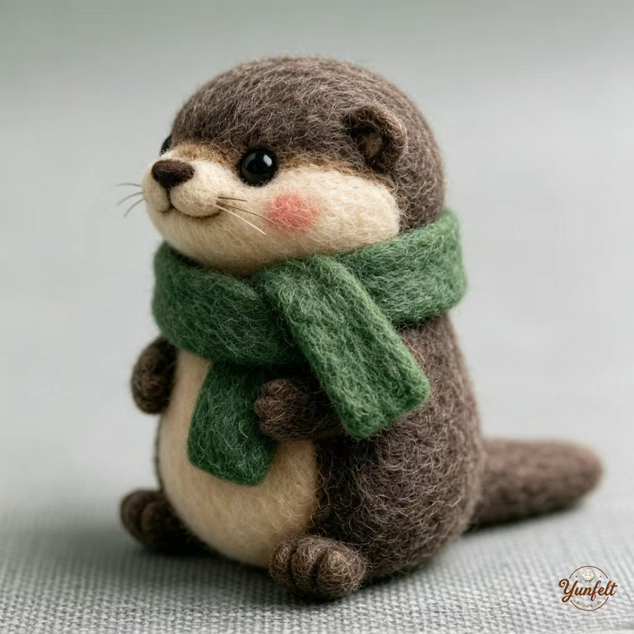 Handmade Wool Felt Cozy Scarf Otter Figurine – Winter Desk Decor Gift