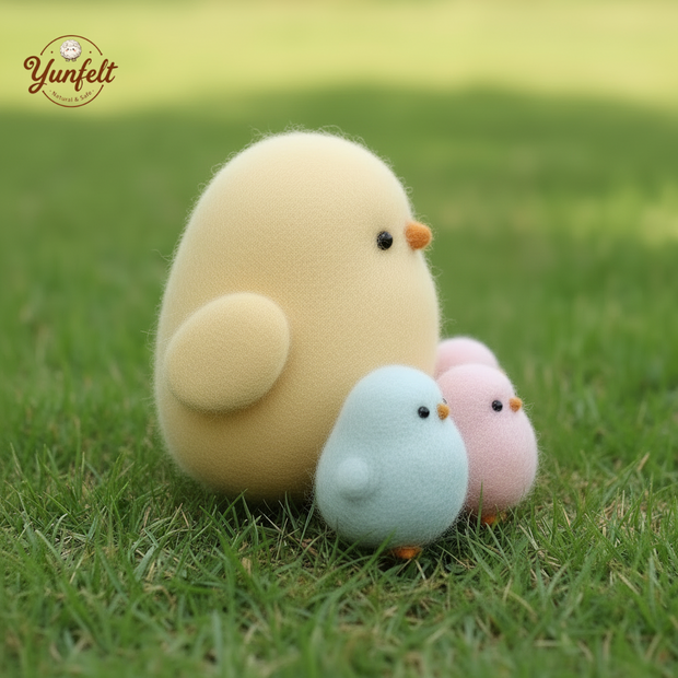 Nestling Family Set – Wool Felt Mama Chick & Three Baby Birds