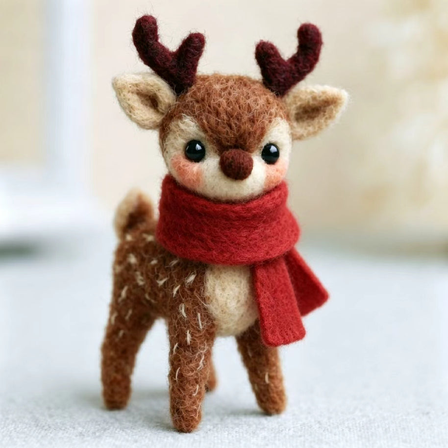 Handmade Wool Felt Winter Scarf Deer Figurine – Christmas Holiday Desk Decor Gift