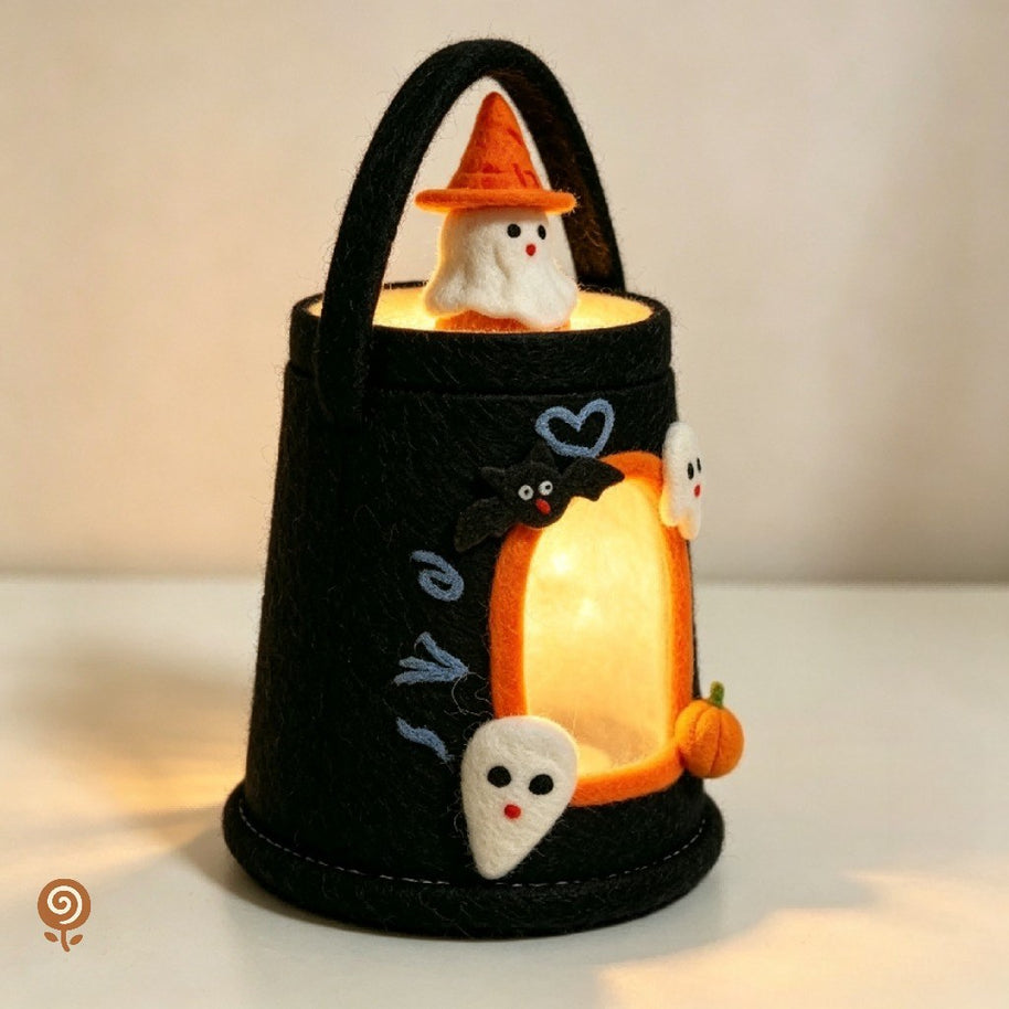 The Witch-Hat Ghost Lantern – Handmade Wool Felt Halloween Light