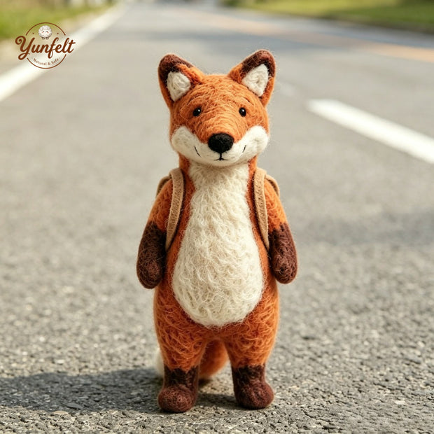 Handmade Wool Felt Fox Figurine with Backpack – Travel Desk Decor Gift