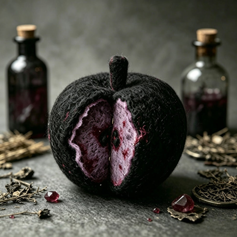 Handmade Wool Felt Mystic Black Apple Figurine – Gothic Halloween Decor Gift
