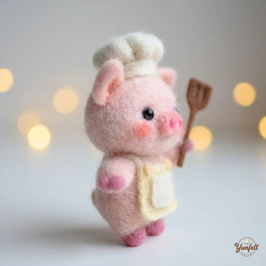Handmade Wool Felt Chef Pig Figurine – Kitchen Desk Decor Gift