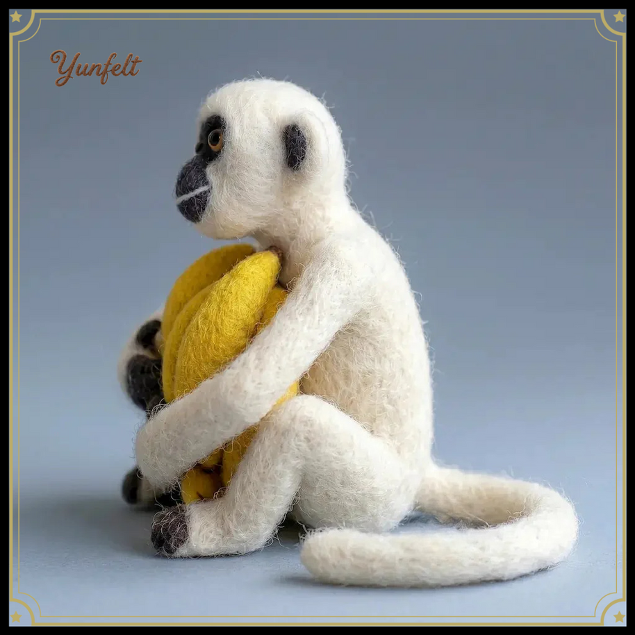 Monkey Hugging Bananas – Wool Felt Harvest Guardian Figurine