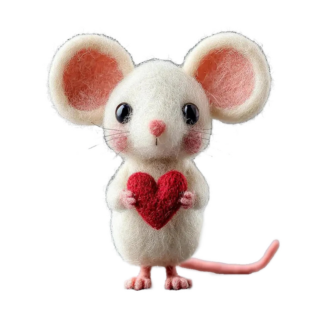 Mouse Holding a Red Heart – Wool Felt Romantic Desk Figurine