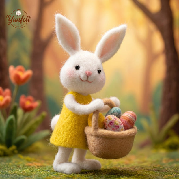 Easter Bunny with Basket – Wool Felt Pink Dress Figurine