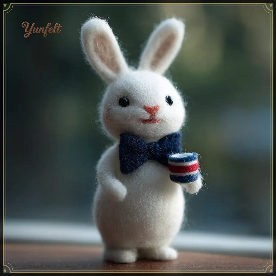 Gentleman Bunny with Mug – Wool Felt Cozy Desk Companion