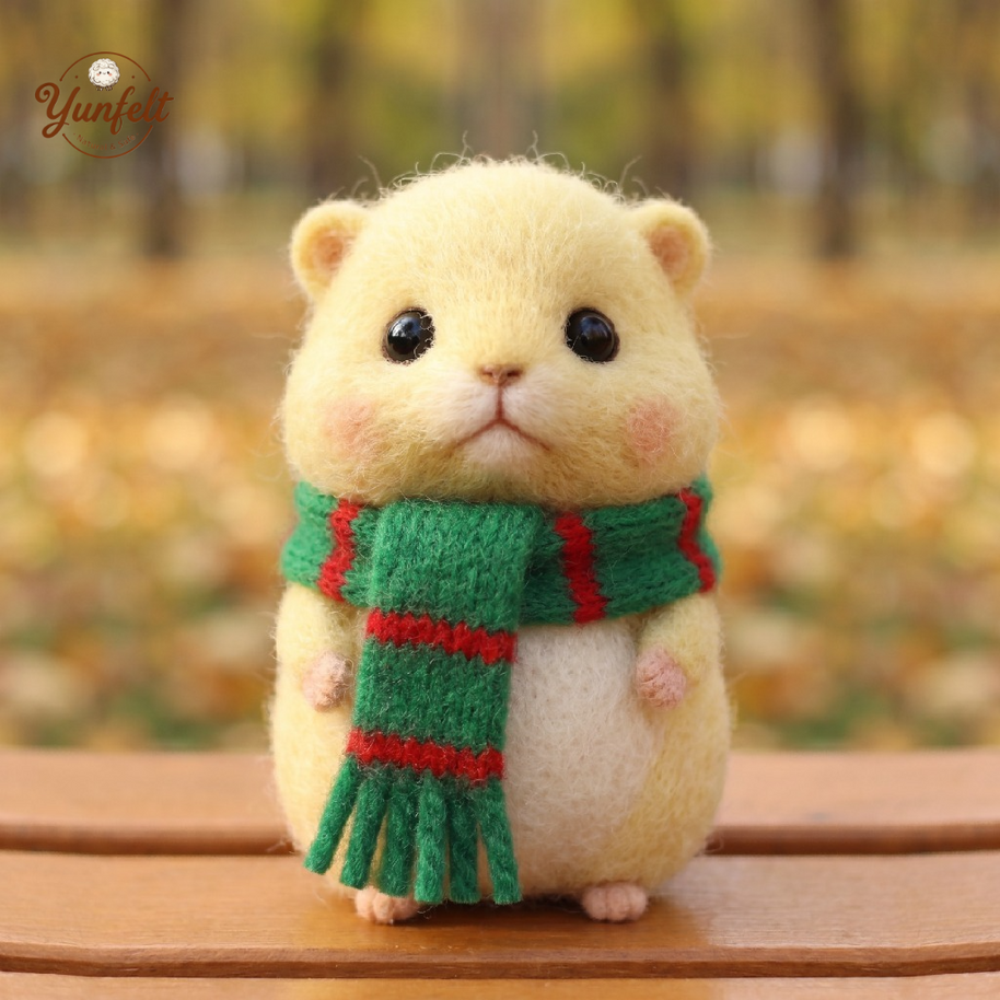 Winter Buddy Hamster with Scarf – Wool Felt Healing Desk Pet
