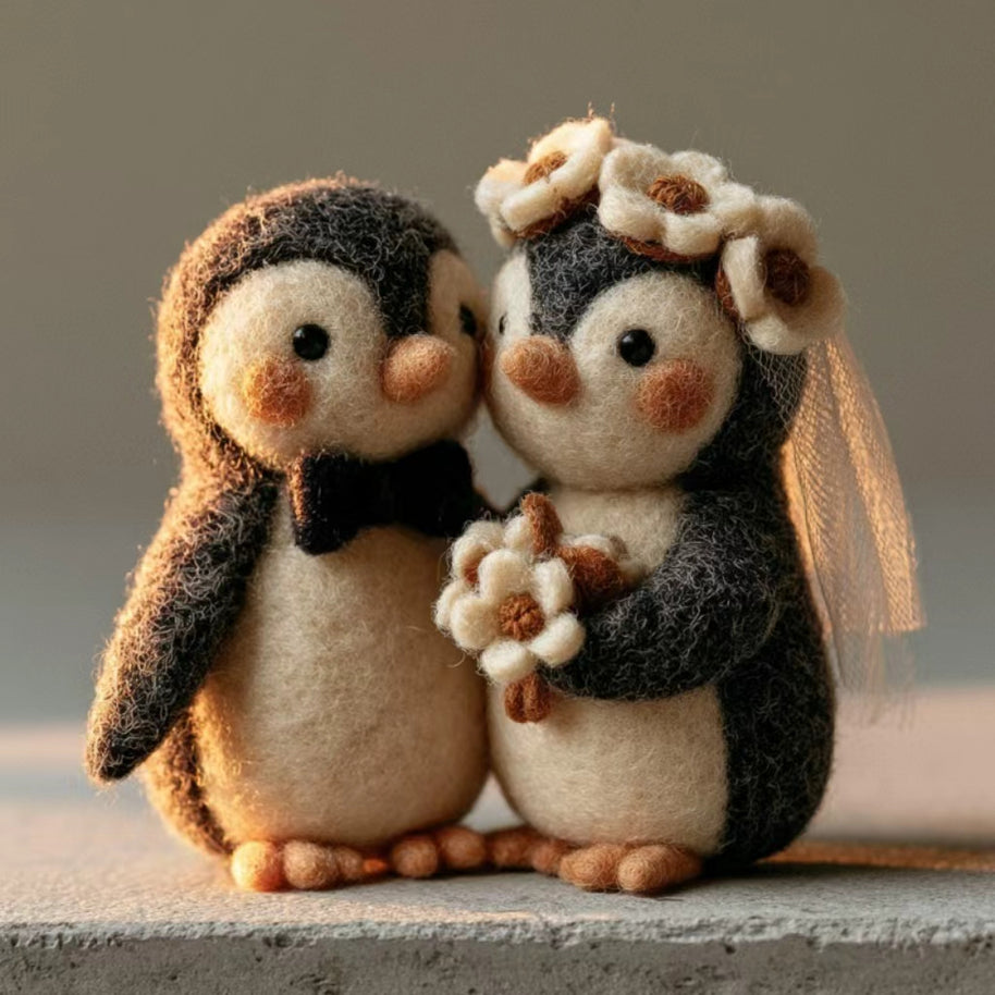Handmade Wool Felt Wedding Penguin Couple Figurine – Romantic Home Decor Gift