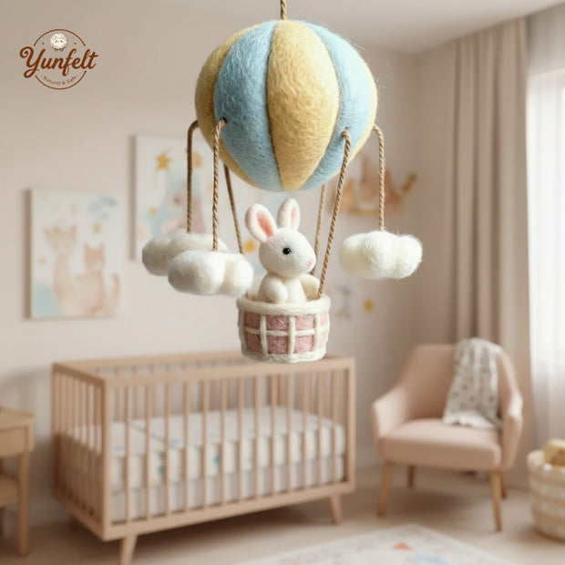 Pastel Hot Air Balloon & Bunny Nursery Mobile – Wool Felt Dreamy Hanging Art