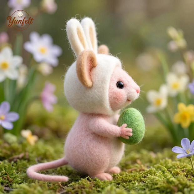 Mouse in Bunny Suit Holding Easter Egg – Wool Felt Spring Figurine