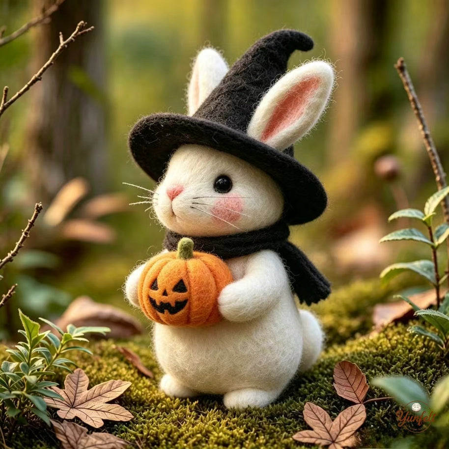 Handmade Wool Felt Witch Bunny Figurine – Halloween Desk Decor Gift