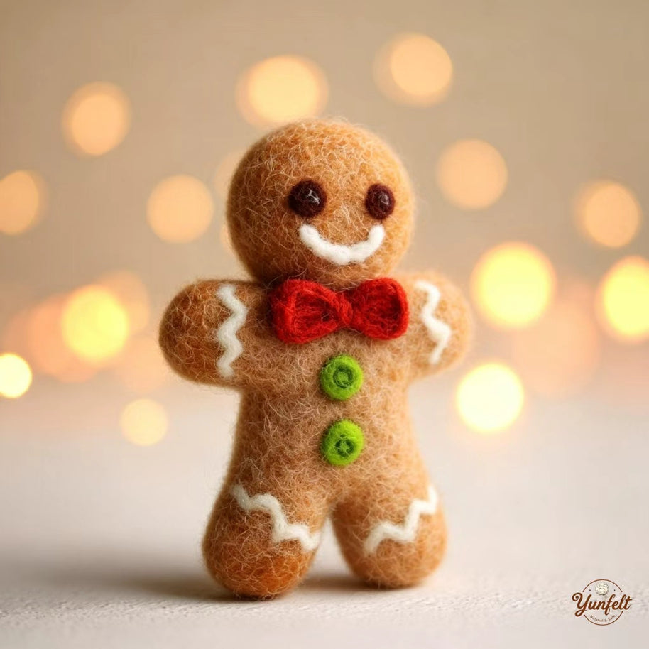 Handmade Wool Felt Gingerbread Man Figurine – Christmas Holiday Desk Decor Gift