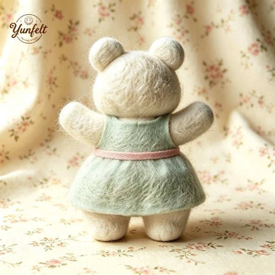 Handmade Wool Felt Teddy Bear Figurine – Mint Dress Desk Decor Gift