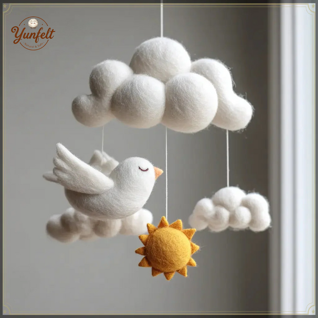 Cloud Bird & Sun Nursery Mobile – Wool Felt Dreamy Hanging Decor