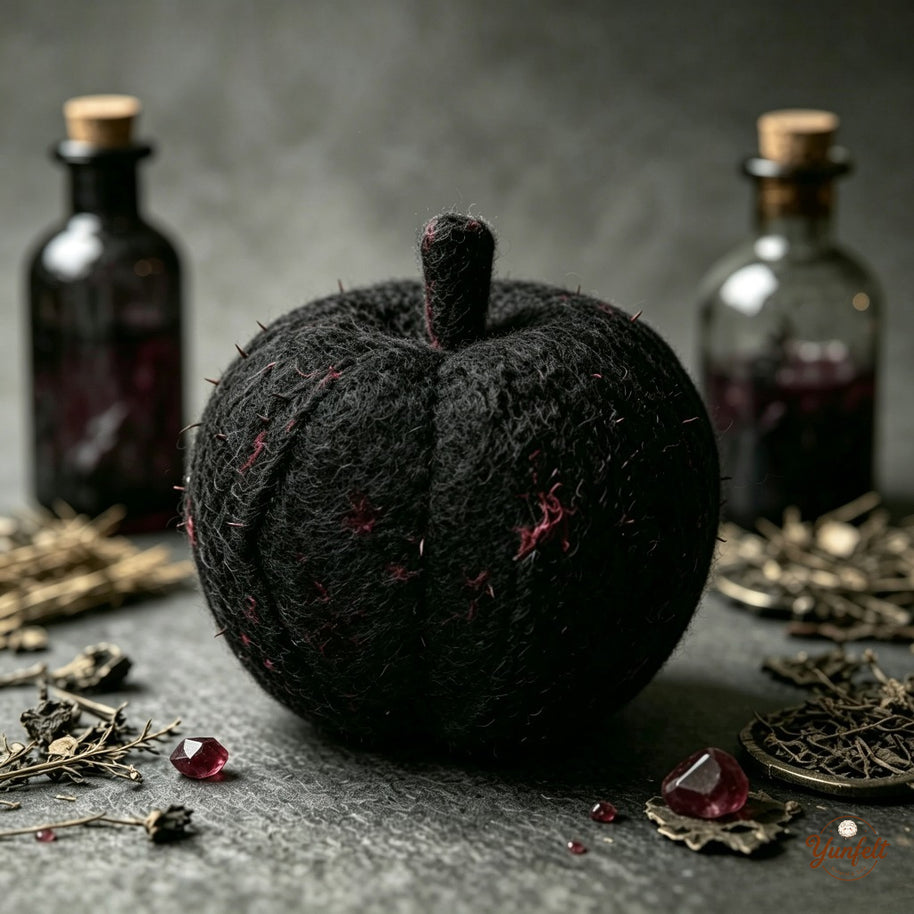 Handmade Wool Felt Mystic Black Apple Figurine – Gothic Halloween Decor Gift