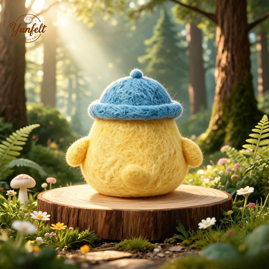 Handmade Wool Felt Yellow Duck Figurine – Blue Beanie Desk Decor Gift