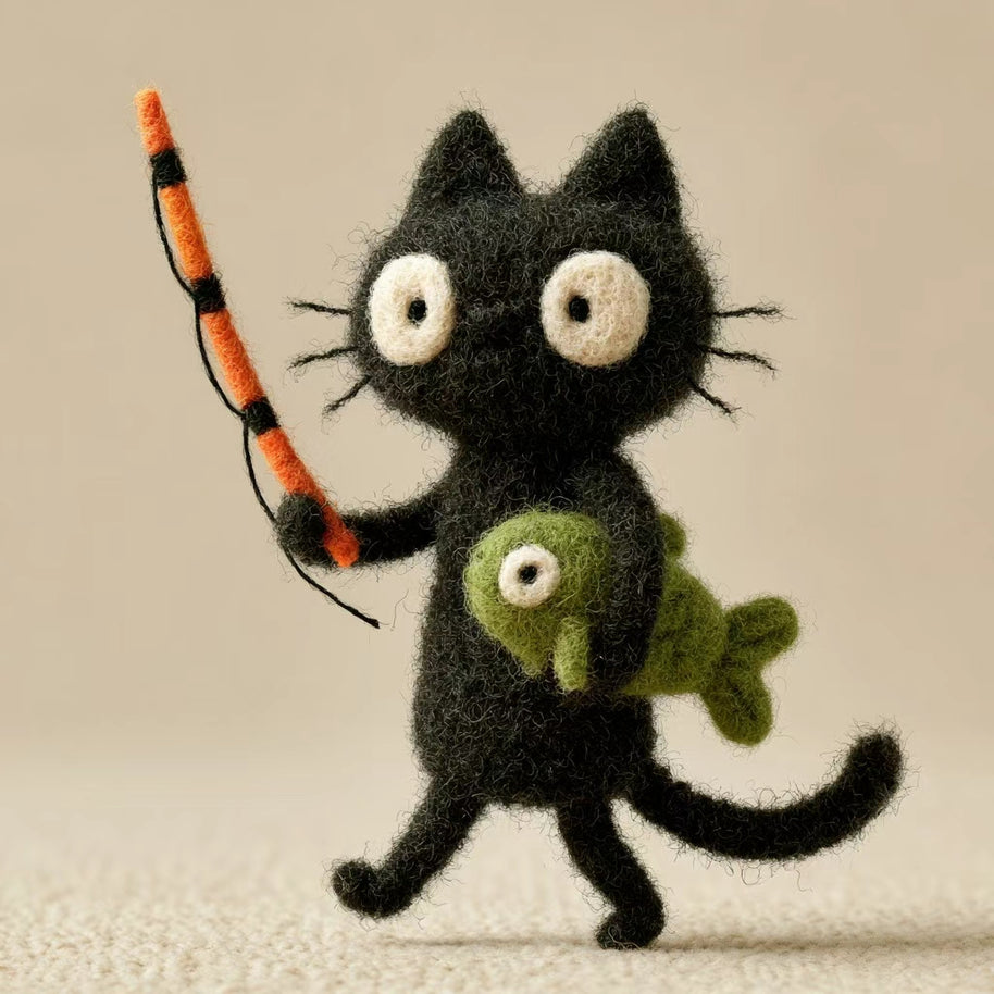 Bewildered Black Cat – Handmade Wool Felt Figurine