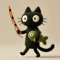 Bewildered Black Cat – Handmade Wool Felt Figurine