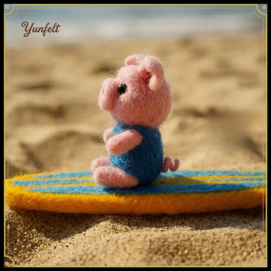 Pig in Swimsuit on Surfboard – Carefree Wool Felt Summer Figurine