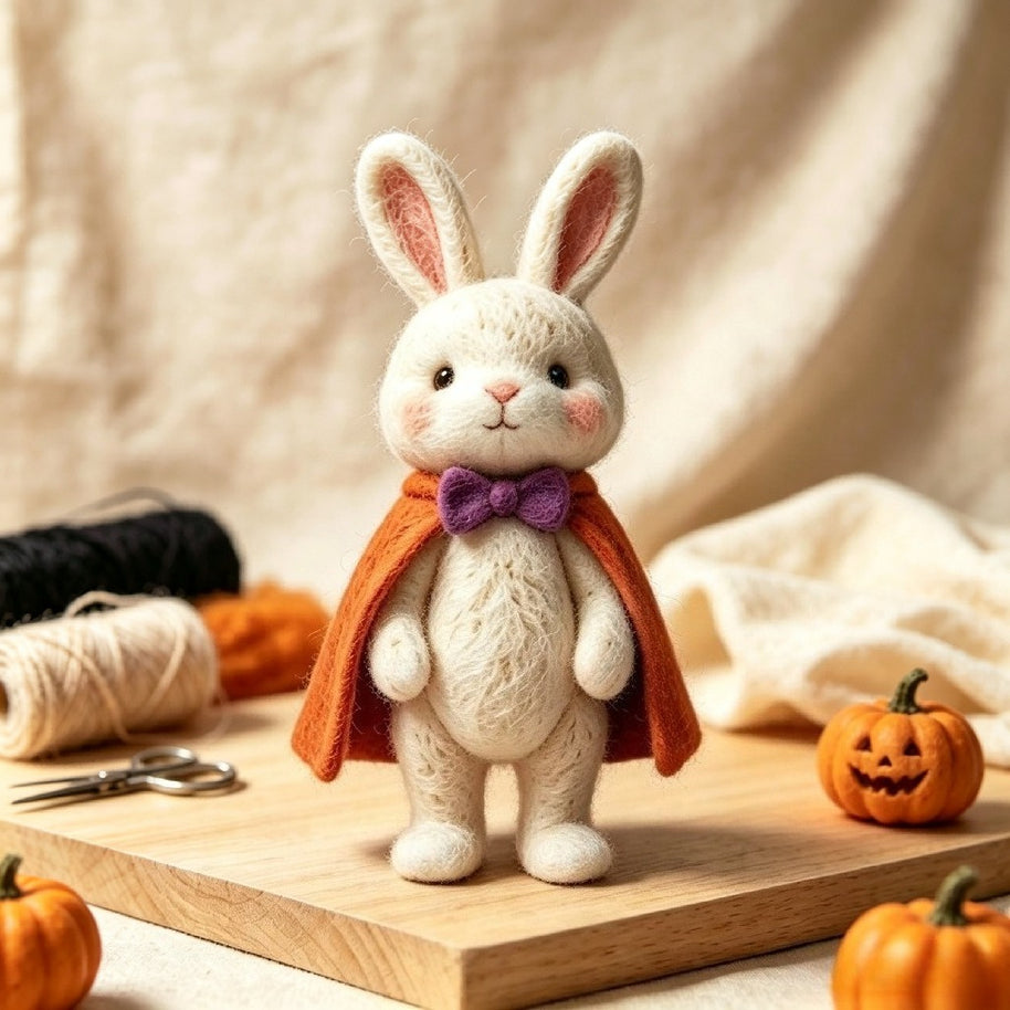 Handmade Wool Felt Cape Bunny Figurine – Whimsical Halloween Home Decor Gift