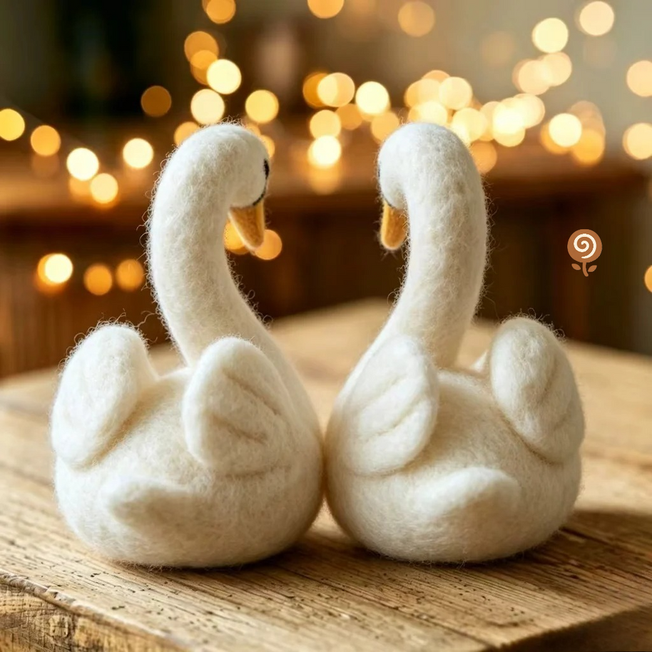 The Heart-Shaped Swan Pair – Handmade Wool Felt Figurine Set