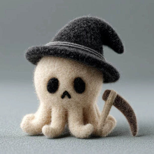 Handmade Wool Felt Spooky Ghost & Reaper Figurine – Halloween Desk Decor Gift