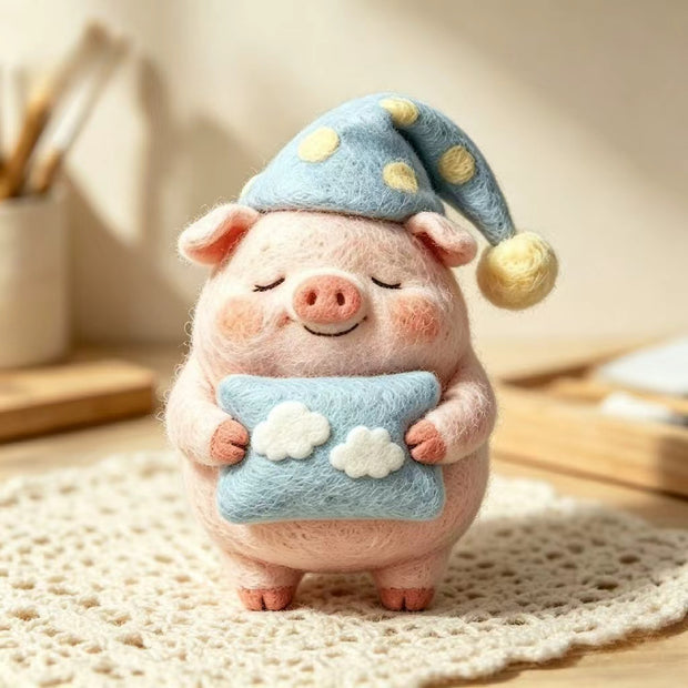 Handmade Wool Felt Sleepy Pig Figurine – Cozy Bedroom Decor Gift