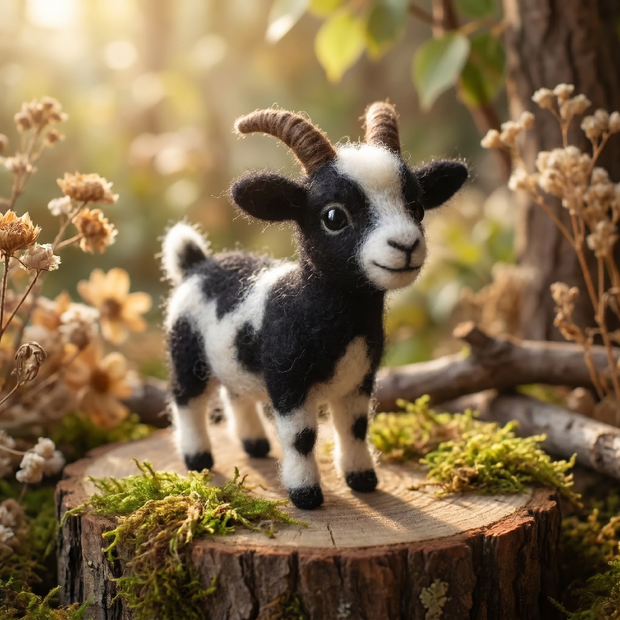 Black-and-White Goat with Horns – Wool Felt Playful Farm Figurine