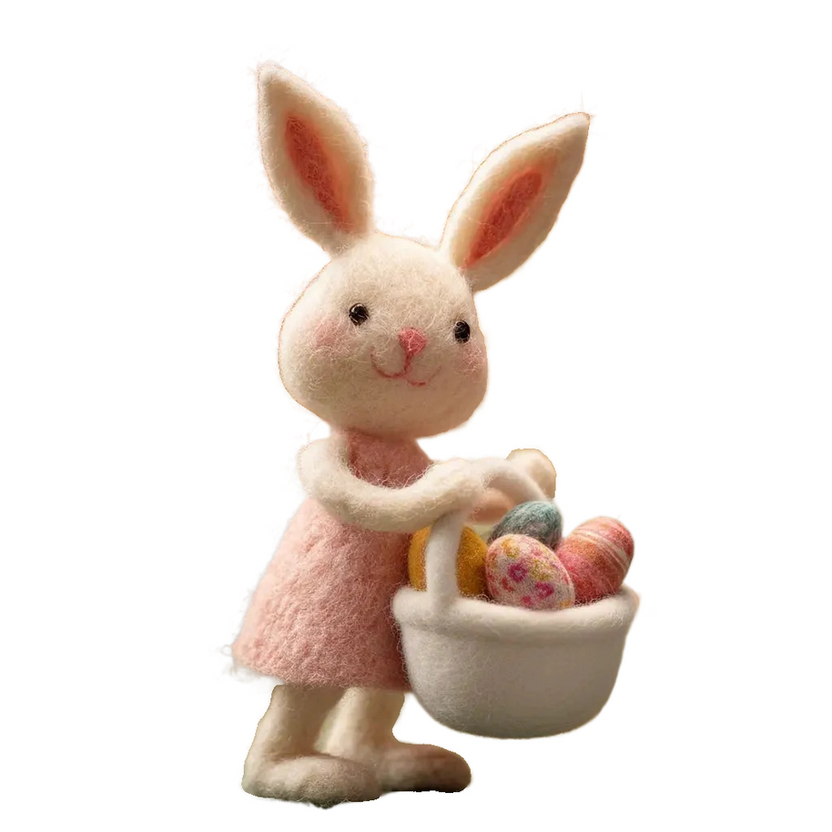 Easter Bunny with Basket – Wool Felt Pink Dress Figurine